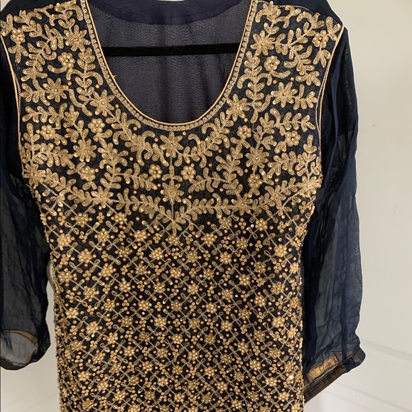 Stunning Midnight Blue and Gold Gharara Indian/Pakistani 3 piece Outfit - Picture 1 of 6